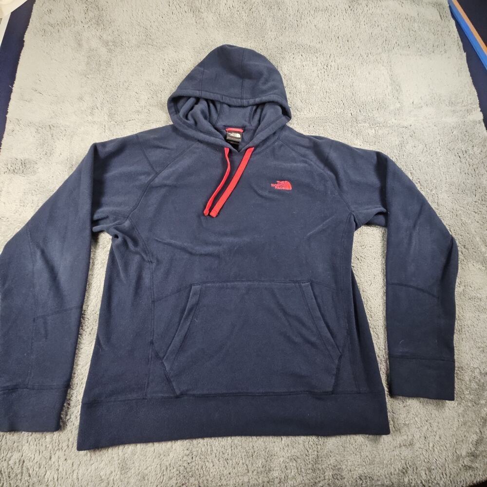 Mens Large Navy Blue Pullover Hoodie Red Drawstring Kangaroo Pocket North Face